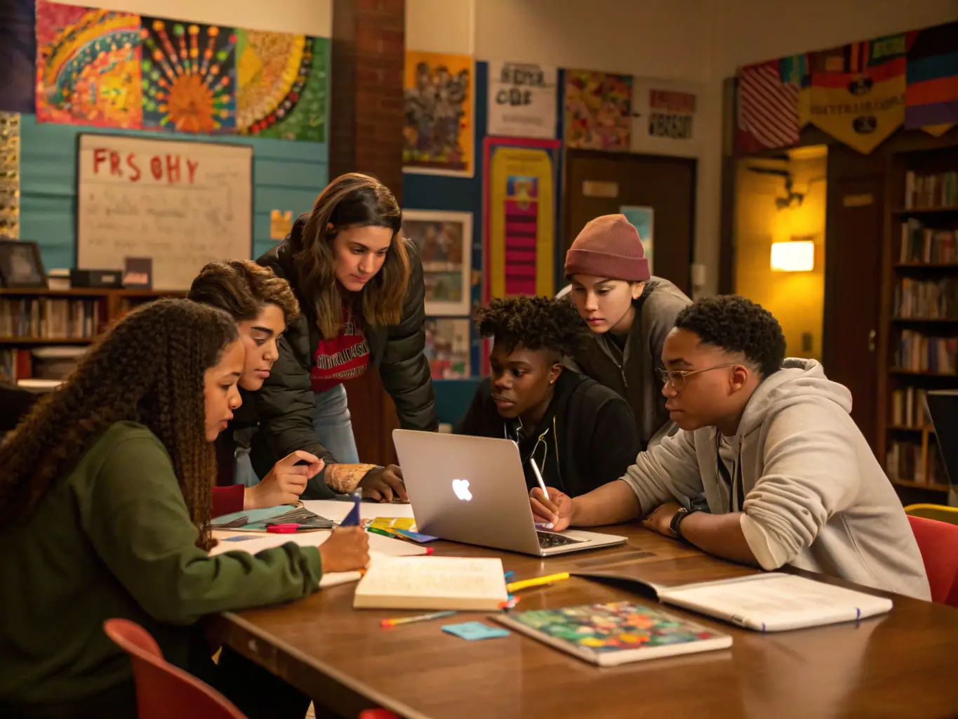 A group of students playing a filmmaking-related game, laughing and collaborating, illustrating the fun and engaging nature of the innovative games course.