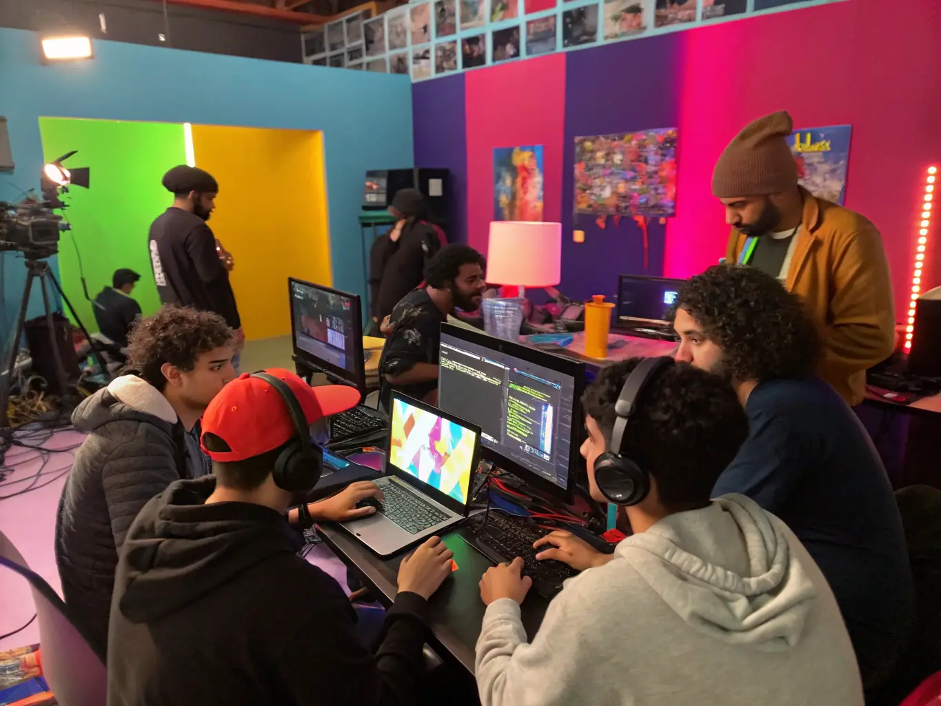 A screenshot from an innovative game designed to stimulate creative exploration in filmmaking, showing players collaborating on a virtual film set.