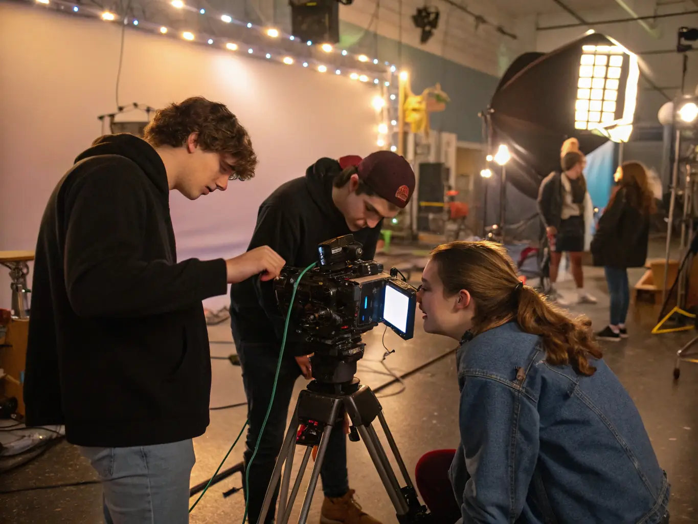 A dynamic shot of a film set, showcasing students working with professional equipment during a hybrid documentary course, emphasizing hands-on learning.